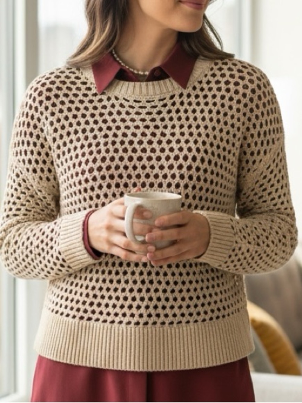 👛 2/$25 OLD NAVY Crew Neck Long Sleeved Hollow Out Boxy Style Sweater, Medium